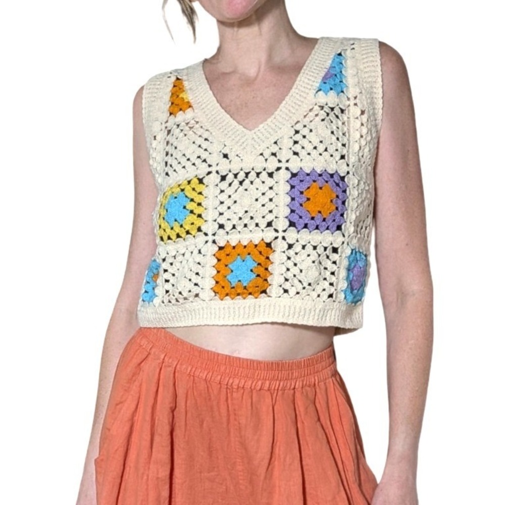 Rebellion Again Crochet Granny Square Vest Boho Multicolor Cropped Cream XS